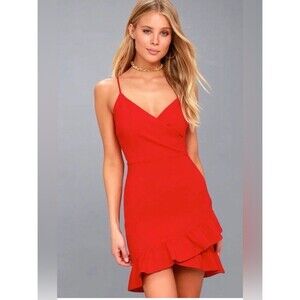 Lulu's Red Spaghetti-Strap Wrap Mini Dress with Ruffle Hem Size Medium New
